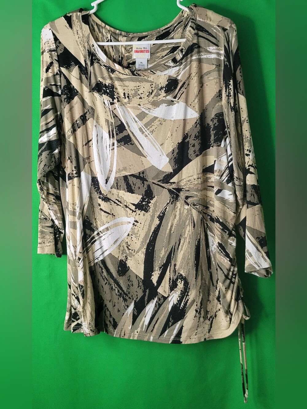 Ruby Rd. Beige Leaves Abstract Side-Tie Top Favorites Tunic Tropical Stretch Tee
